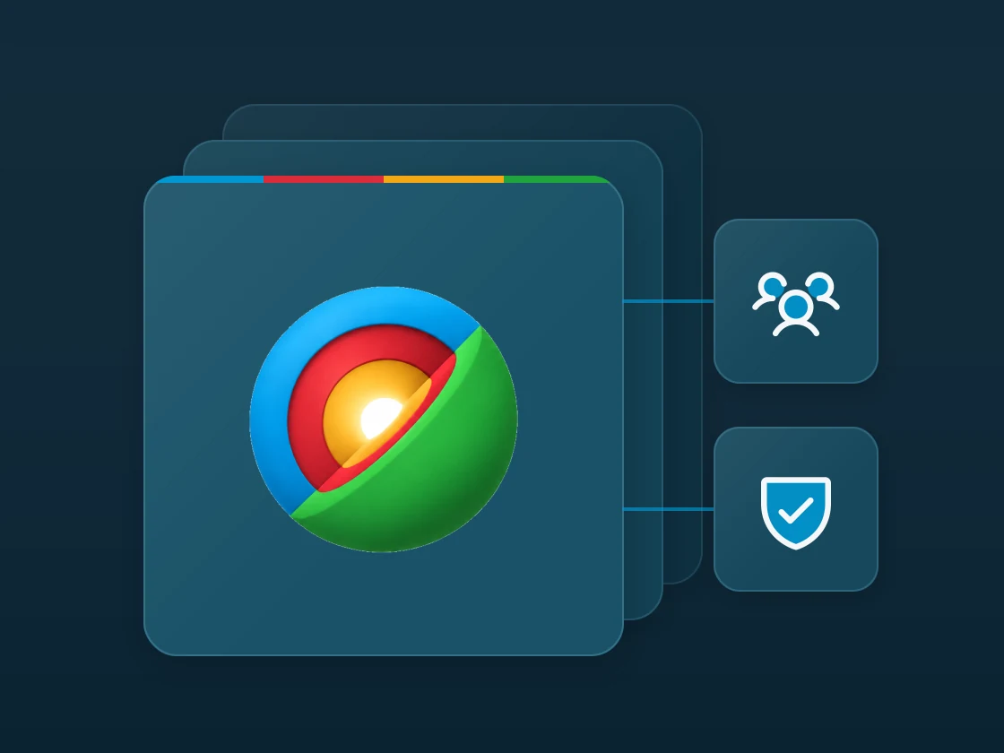 Layered matte panel with the InnerCore core mark, linked to users three and shield check icons.
