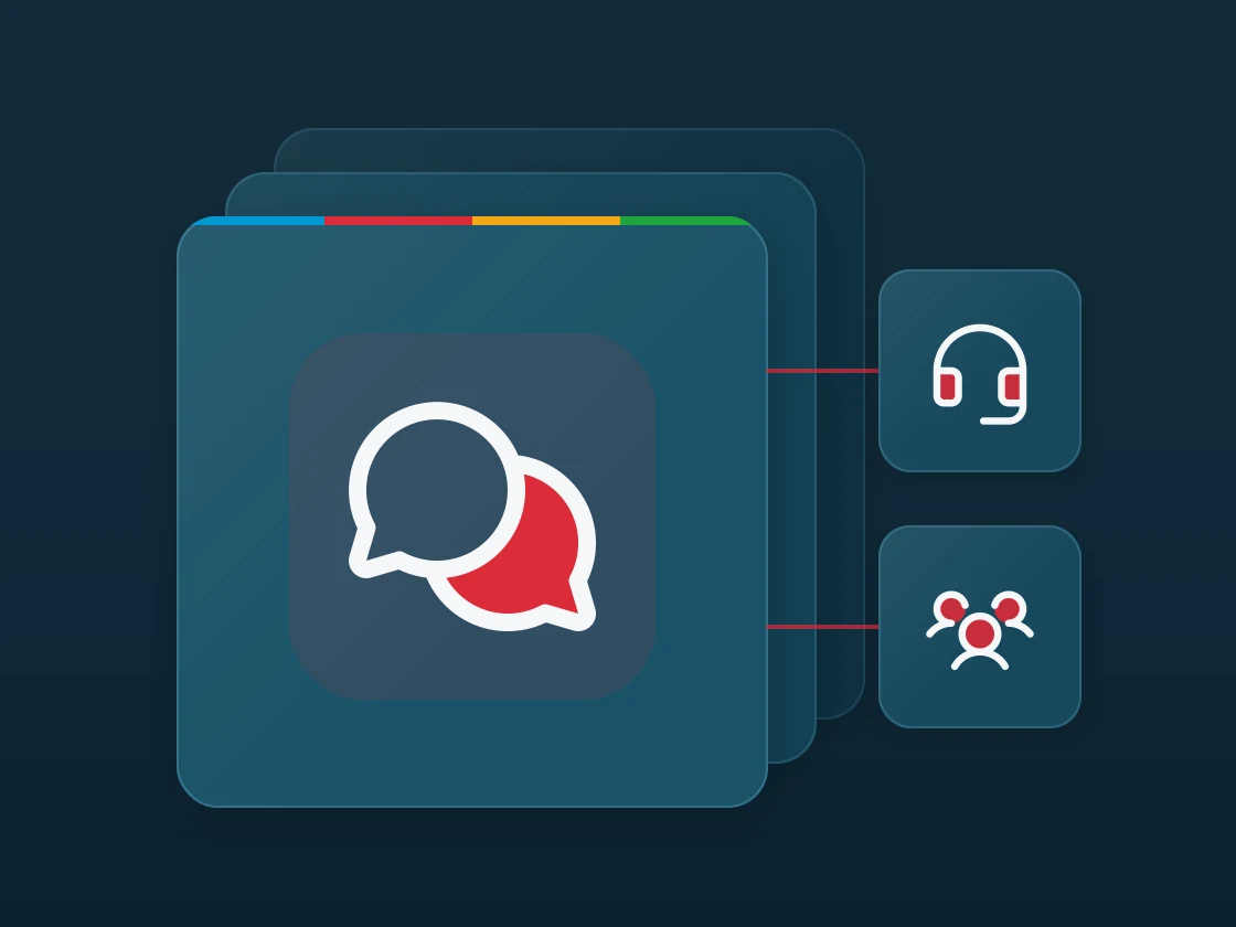 Layered matte panel for Business Phone and Calling Services, with a chats circle icon, linked to headset and users three icons.