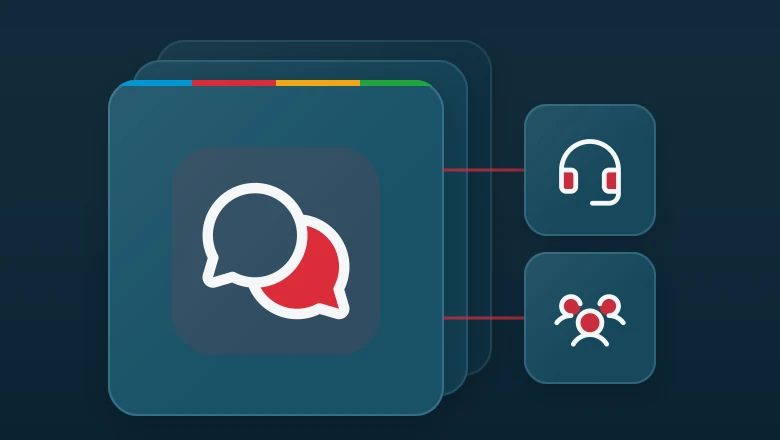 Layered matte panel for Business Phone and Calling Services, with a chats circle icon, linked to headset and users three icons.