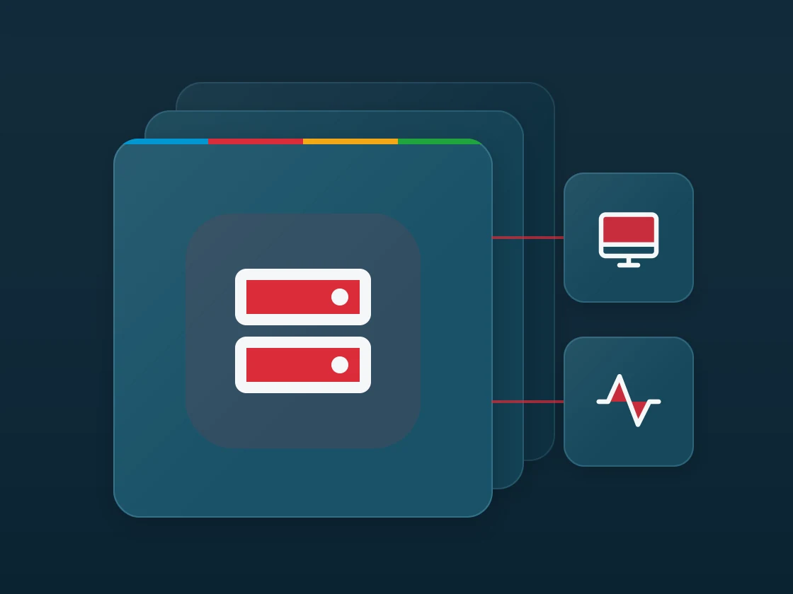 Layered matte panel with a hard drives icon, linked to desktop and pulse icons.