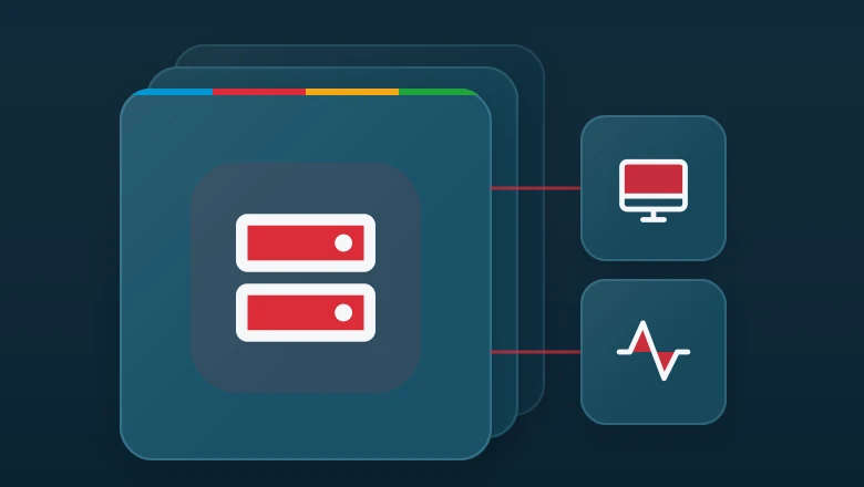 Layered matte panel with a hard drives icon, linked to desktop and pulse icons.