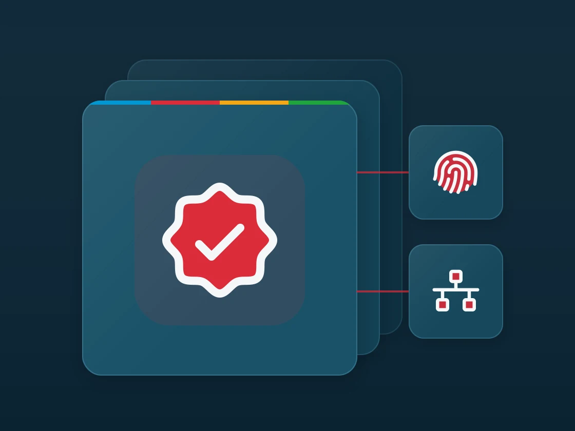 Layered matte panel with a seal check icon, linked to fingerprint and network icons.