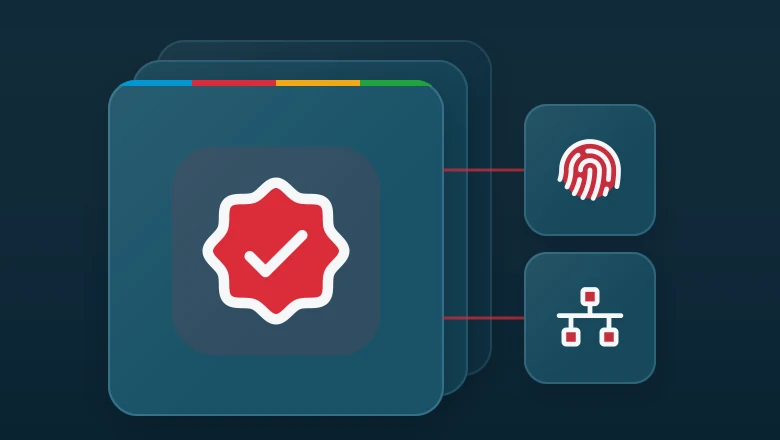 Layered matte panel with a seal check icon, linked to fingerprint and network icons.