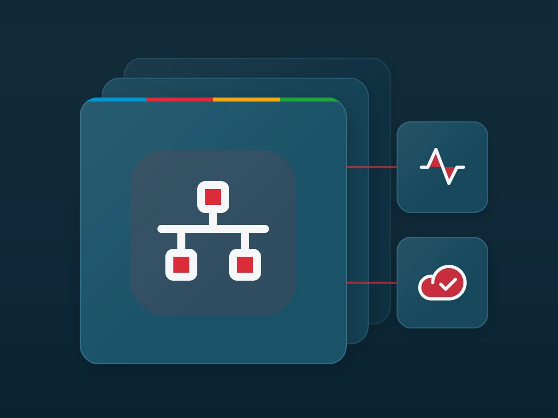 Layered matte panel with a network icon, linked to pulse and cloud check icons.