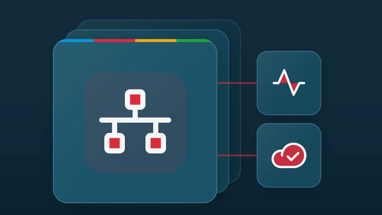 Layered matte panel with a network icon, linked to pulse and cloud check icons.
