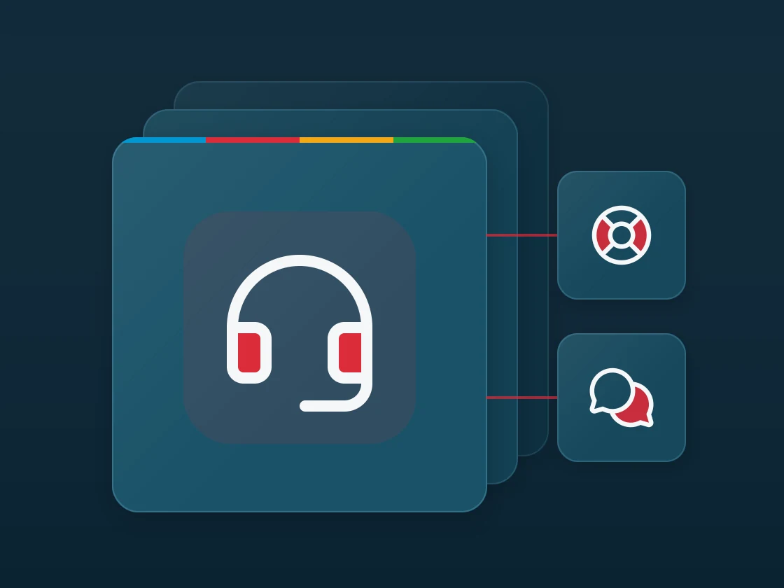 Layered matte panel with a headset icon, linked to lifebuoy and chats circle icons.