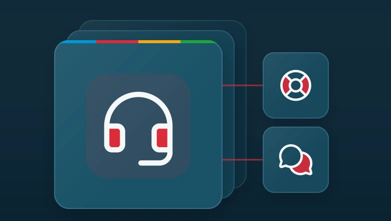 Layered matte panel with a headset icon, linked to lifebuoy and chats circle icons.