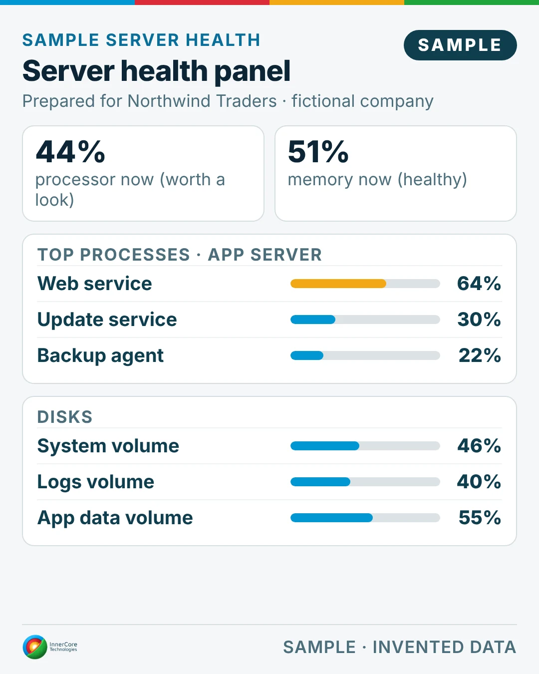 Sample server health panel for the fictional company Northwind Traders: processor 44% (worth a look), memory 51%, top processes and disk use with values.