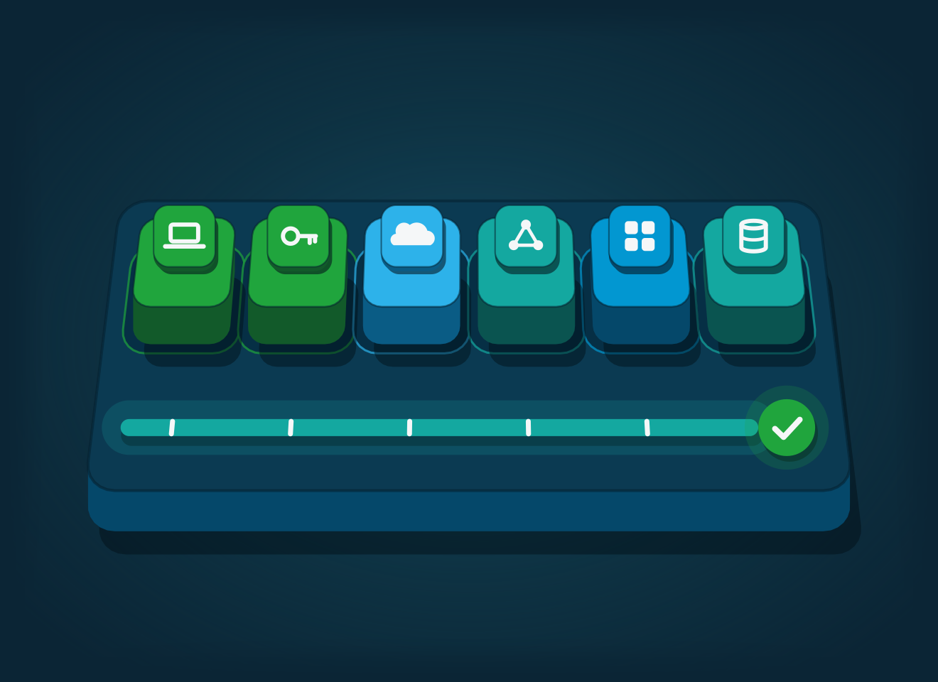 The same systems seated on one designed platform with a shared standards bar and matching connections