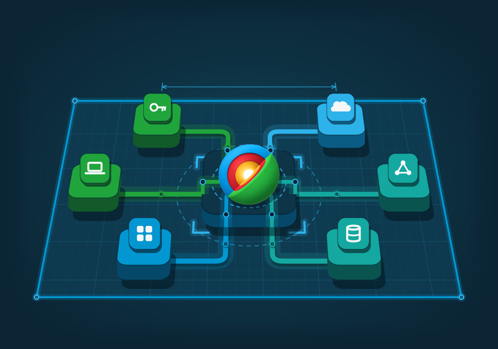 Technology architecture blueprint with identity, cloud, network, data, application and device systems wired cleanly into one core design