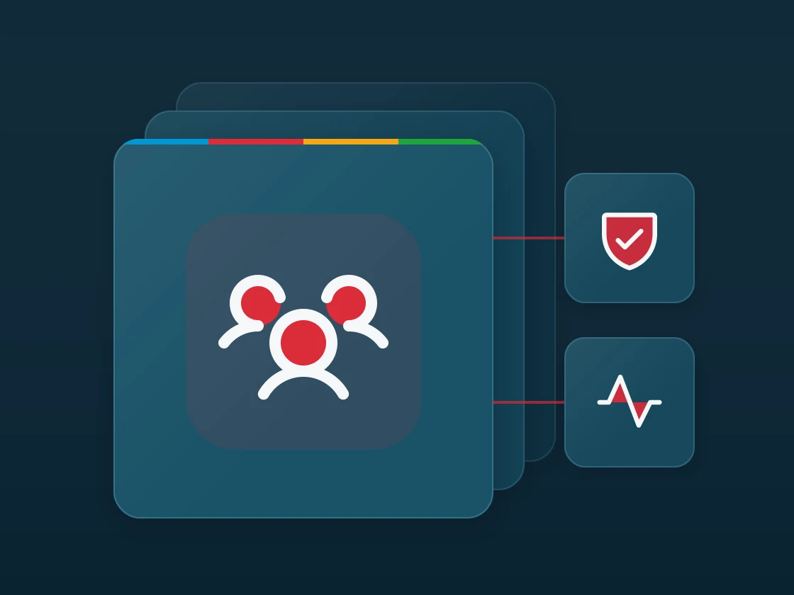 Layered matte panel with a users three icon, linked to shield check and pulse icons.