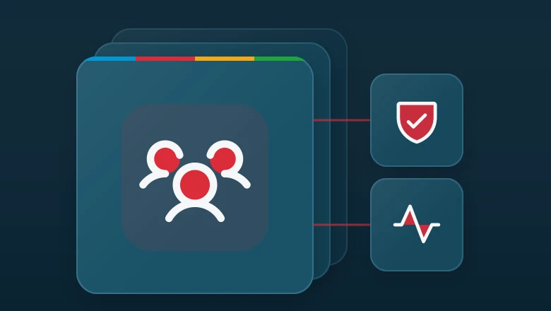Layered matte panel with a users three icon, linked to shield check and pulse icons.
