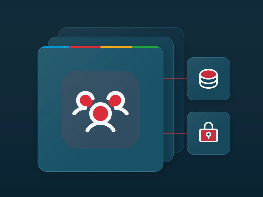 Layered matte panel with a users three icon, linked to database and lock key icons.