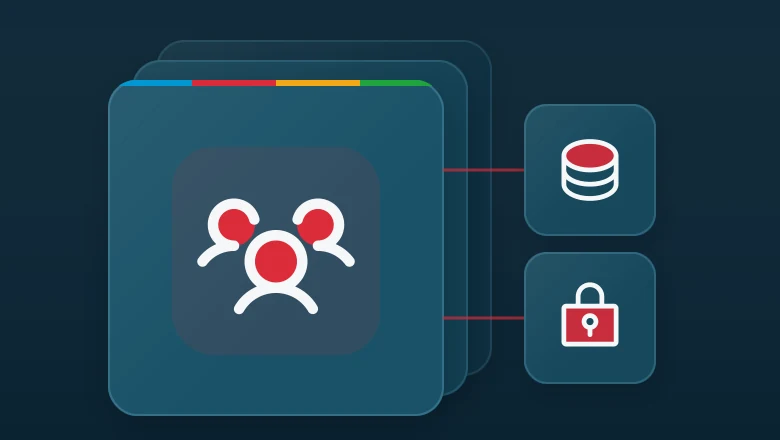 Layered matte panel with a users three icon, linked to database and lock key icons.