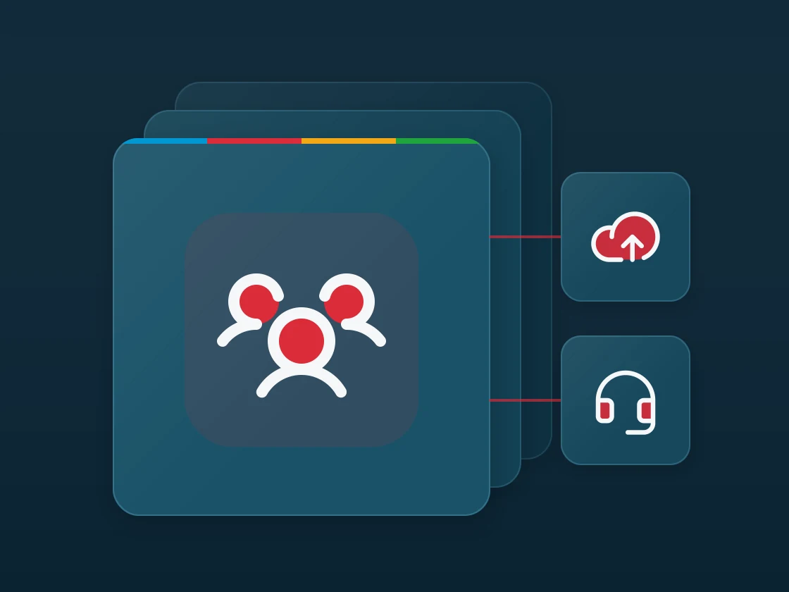 Layered matte panel with a users three icon, linked to cloud arrow up and headset icons.