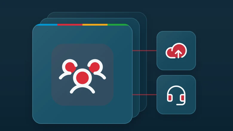 Layered matte panel with a users three icon, linked to cloud arrow up and headset icons.