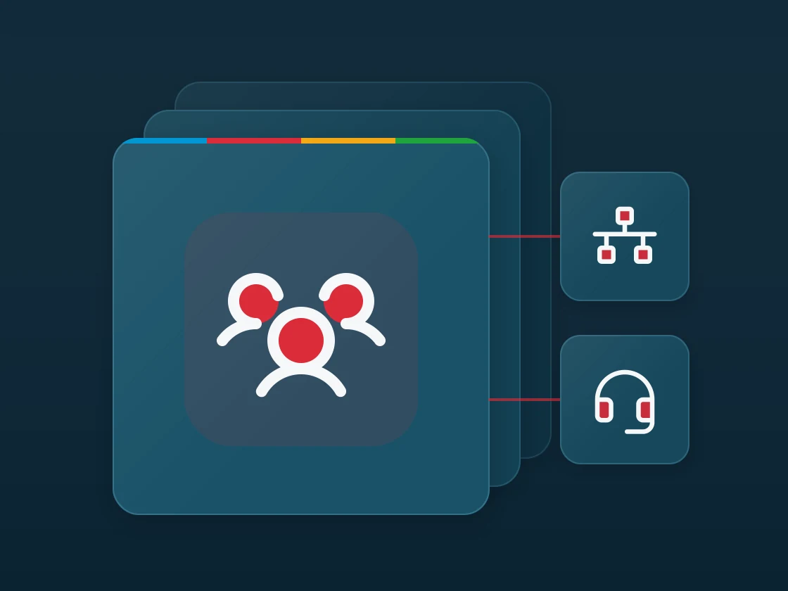 Layered matte panel with a users three icon, linked to network and headset icons.