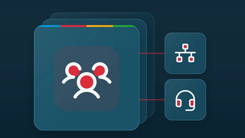 Layered matte panel with a users three icon, linked to network and headset icons.