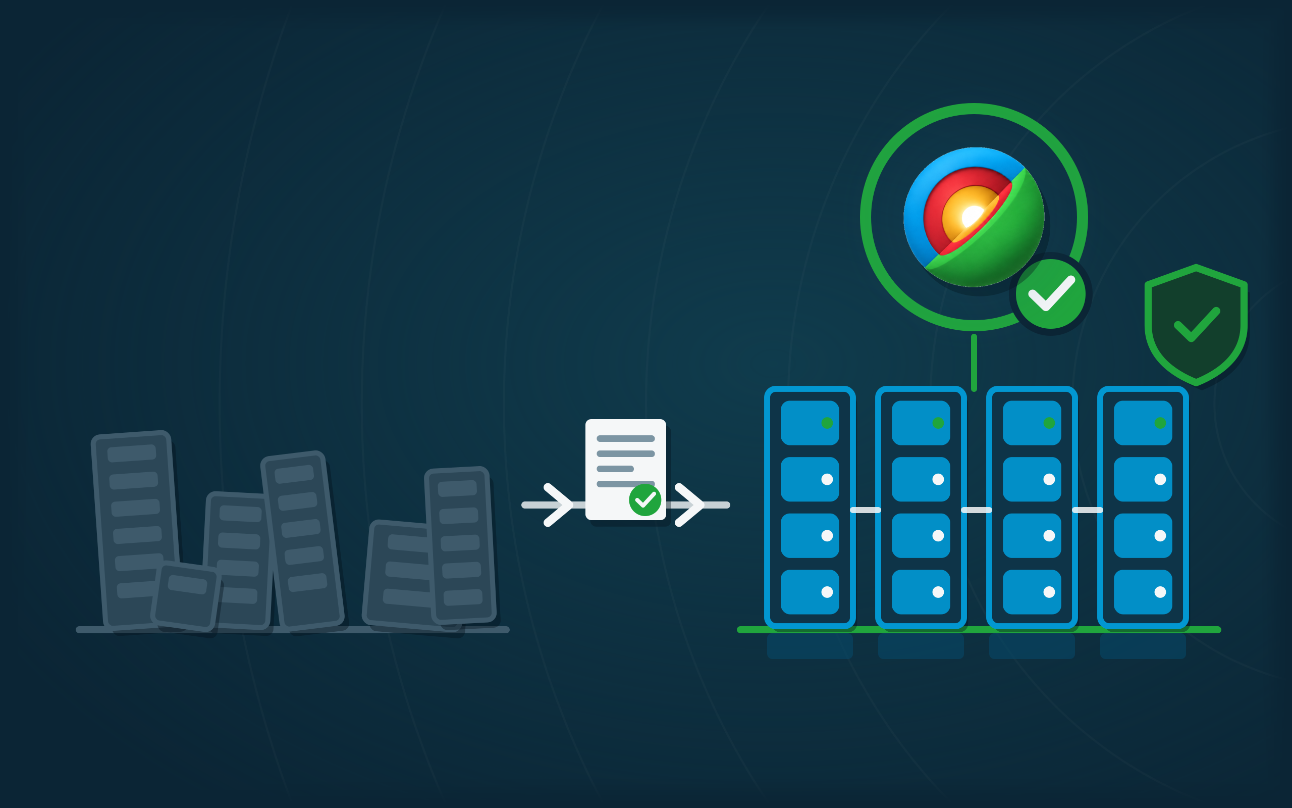 Scattered, aging servers on the left; the same infrastructure rebuilt into an orderly, connected rack on the right